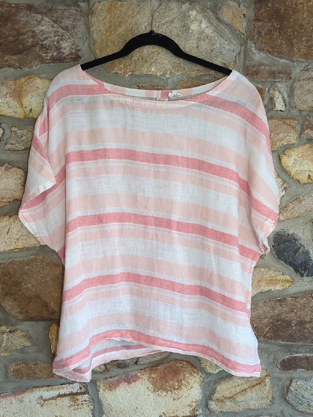 Artisan Ny Striped Linen Scoop-Neck Top in Pink and White